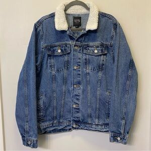 BoohooMAN L Blue Denim Jean Jacket Sherpa Borg Collar Large Preowned